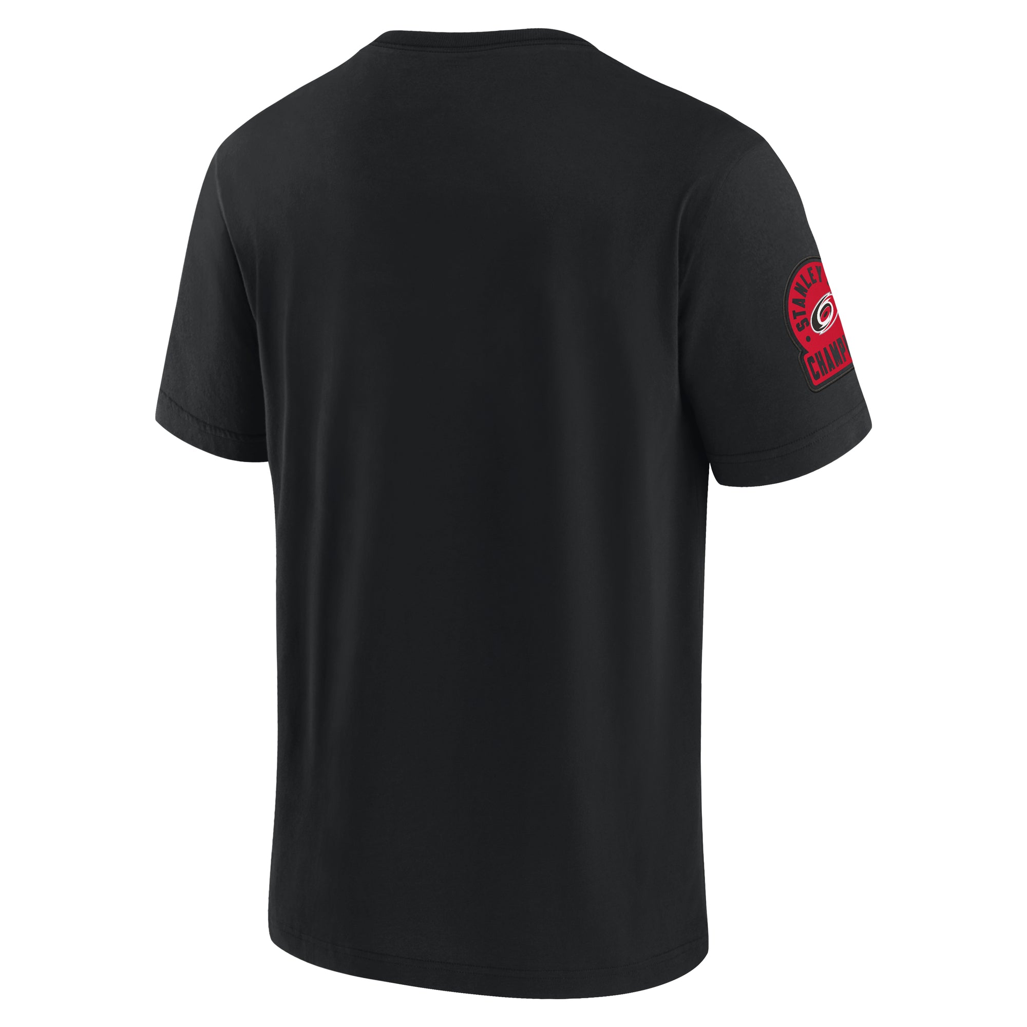Back: Black tee, no design on back, red Stanley Cup Champions art on right sleeve