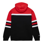 Back: Black and red hoodie with red/black striping, 'Mitchell & Ness' wordmark on left sleeve