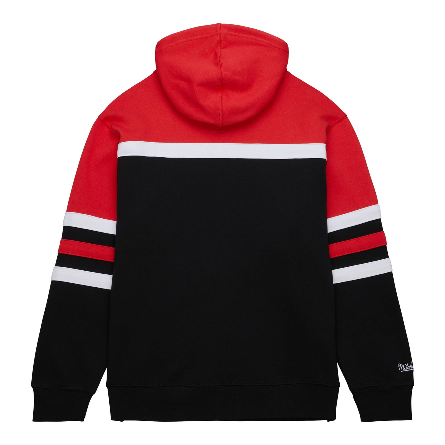 Back: Black and red hoodie with red/black striping, 'Mitchell & Ness' wordmark on left sleeve