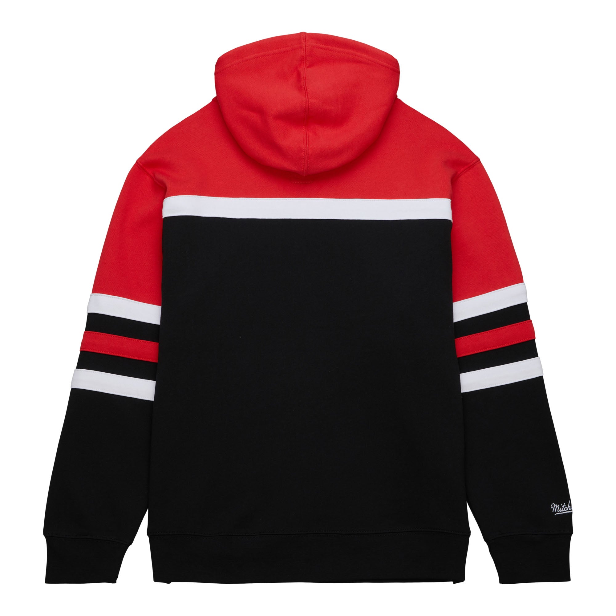 Back: Black and red hoodie with red/black striping, 'Mitchell & Ness' wordmark on left sleeve
