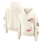 Front/Back: Cream hoodie with scattered elevated art throughout front and sleeves