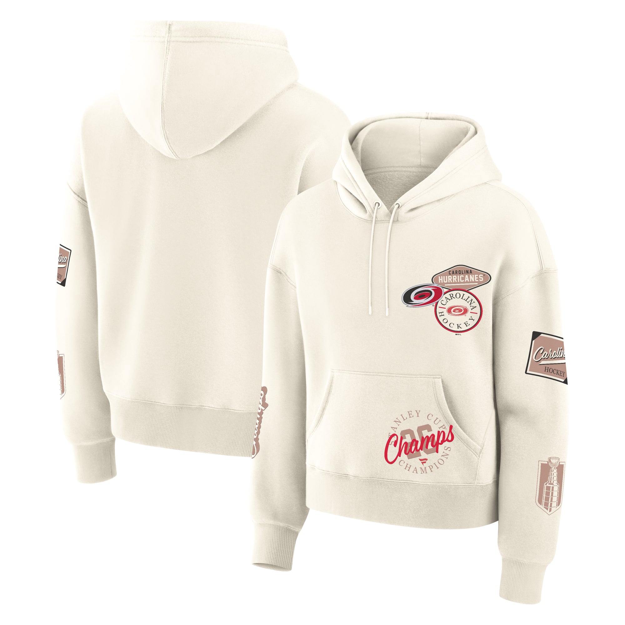 Front/Back: Cream hoodie with scattered elevated art throughout front and sleeves