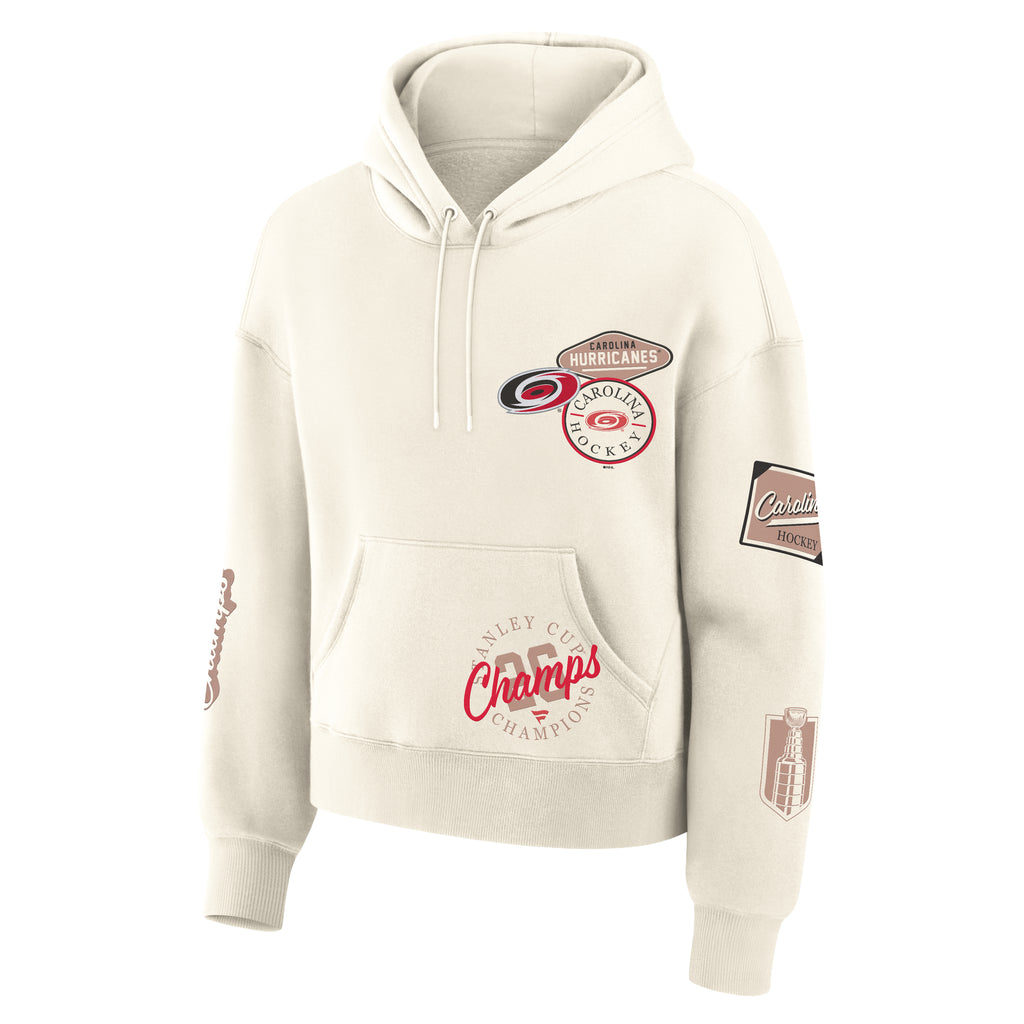 Front: Cream hoodie with strings, scattered elevated Hurricanes artwork on front and both sleeves