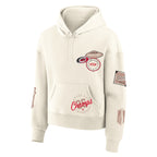 Front: Cream hoodie with strings, scattered elevated Hurricanes artwork on front and both sleeves