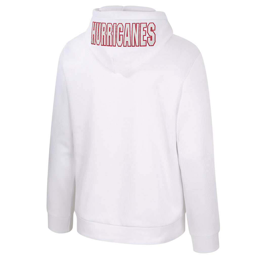 Back: White hoodie, "HURRICANES" in white with red outline on hood