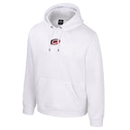 Front: White hoodie with strings, small Primary logo centered on chest