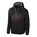 Black hoodie with gray/red Primary logo across chest,  gray strings, hoodie pocket with zipper