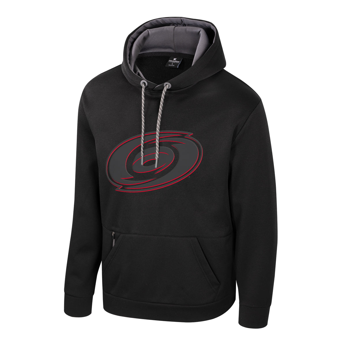 Black hoodie with gray/red Primary logo across chest,  gray strings, hoodie pocket with zipper