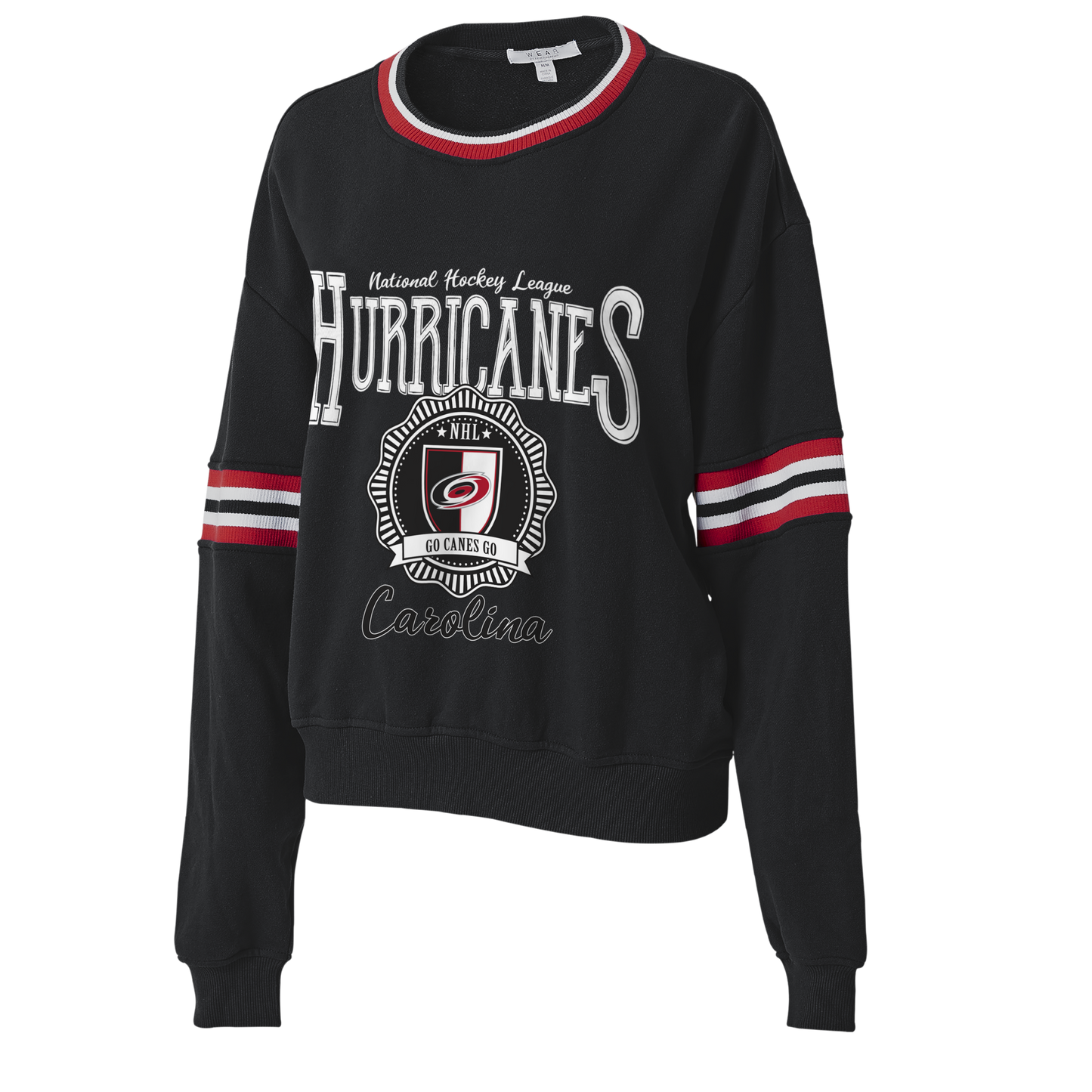 Front: Black crewneck with Carolina Hurricanes university style graphic and red white and black striping on sleeves