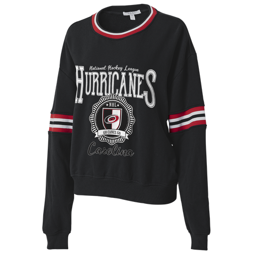 Front: Black crewneck with Carolina Hurricanes university style graphic and red white and black striping on sleeves