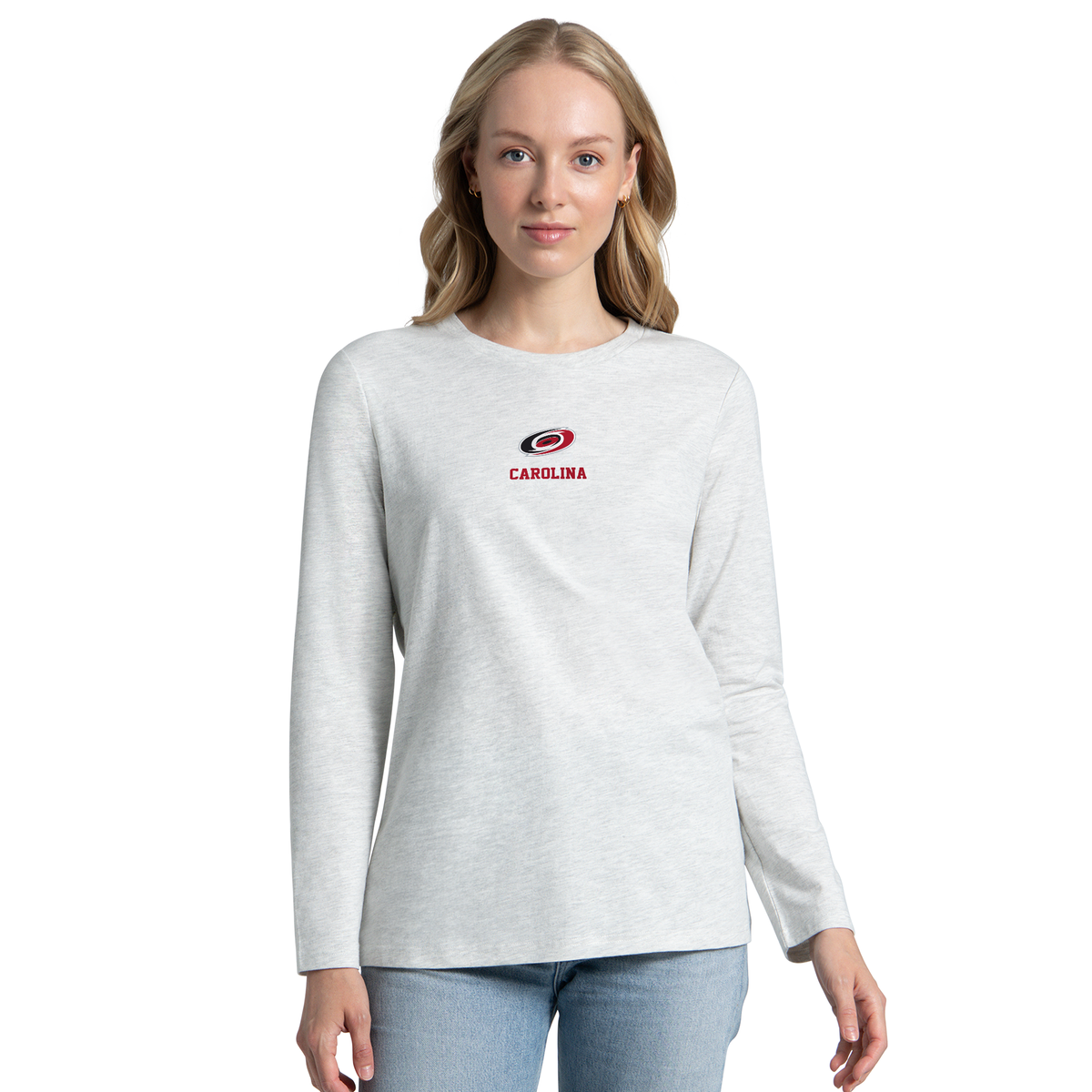 Front: White longsleeve, Primary logo on front middle with "CAROLINA" in red beneath