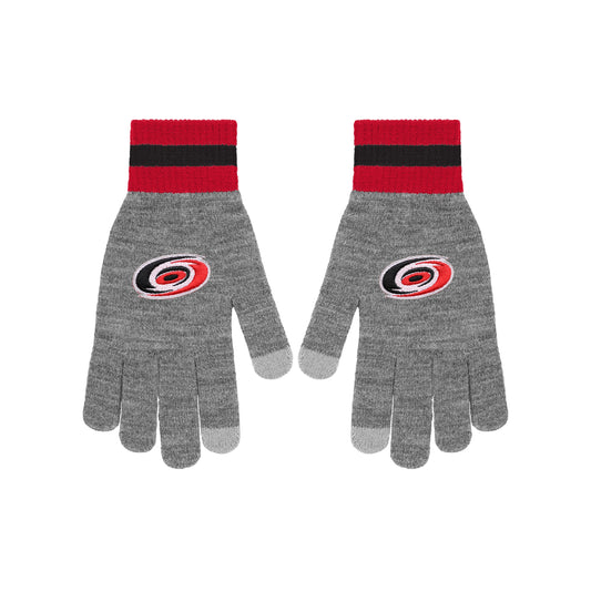 Gray gloves with Hurricanes primary logo and red and black stripes at wrists 