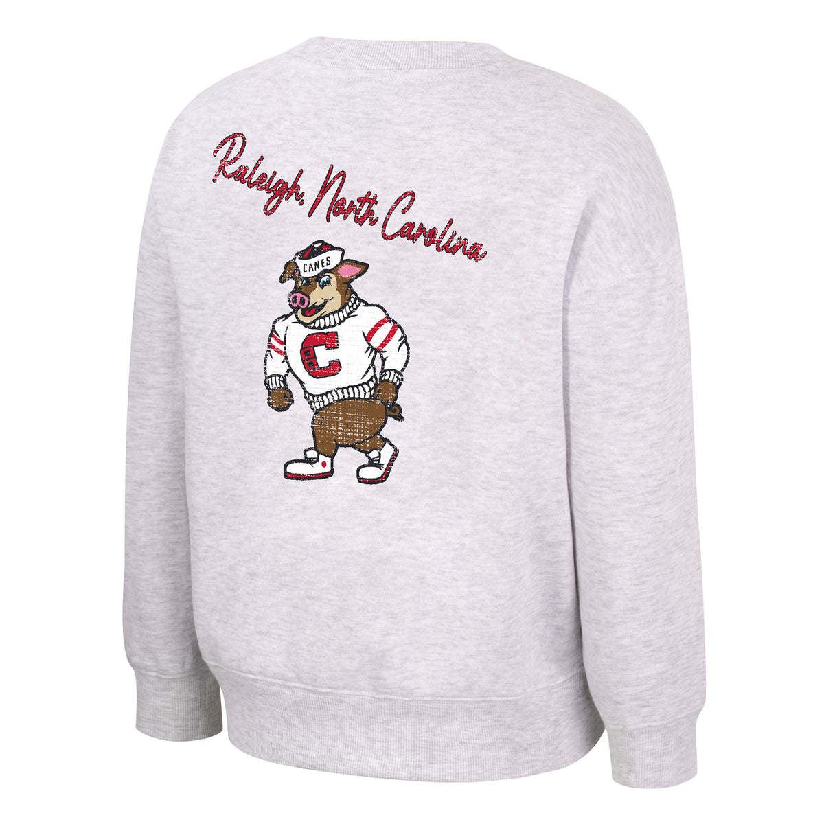 Back: "Raleigh, North Carolina" in red in cursive diagonally on back with Struttin' Stormy beneath wording
