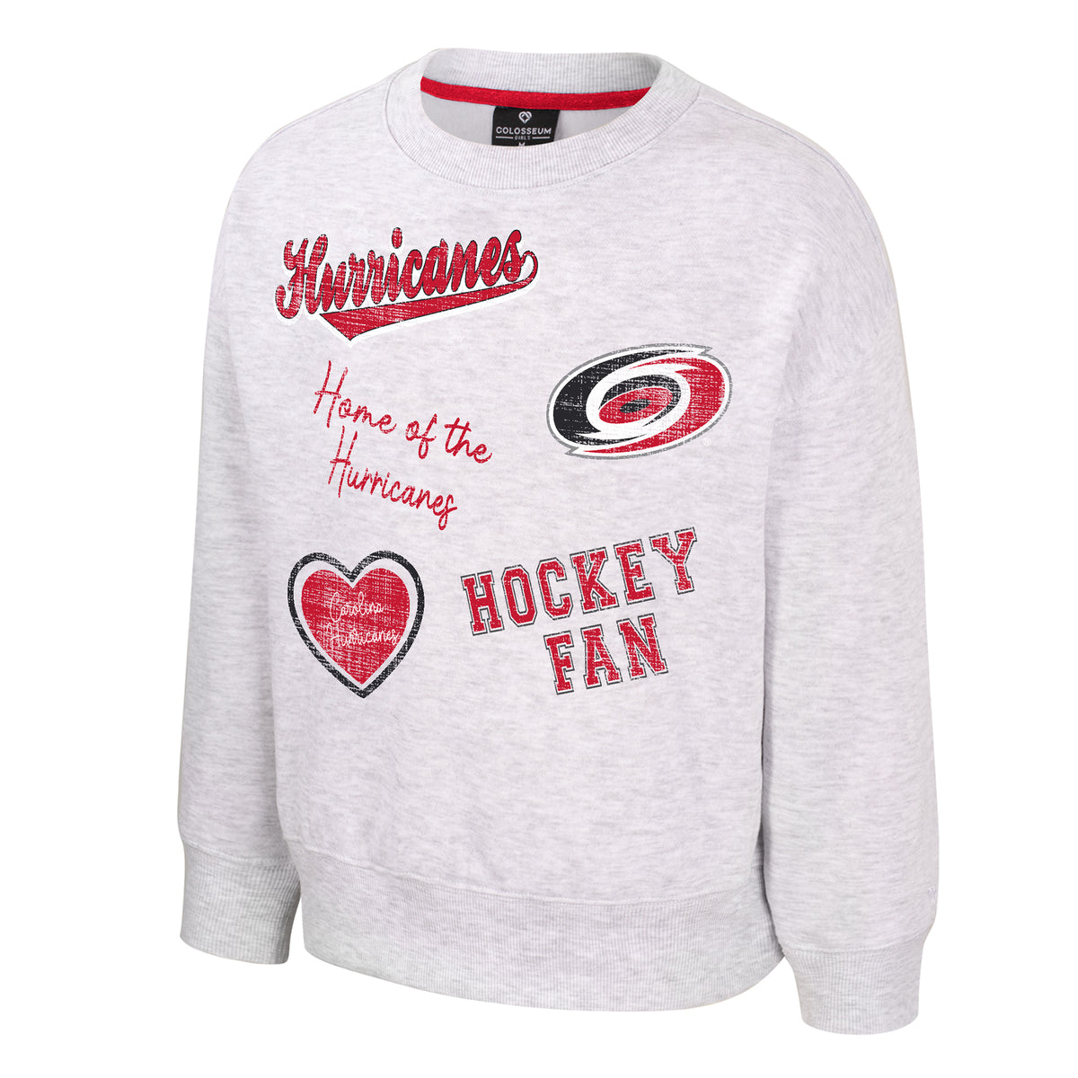 Front: Gray crewneck with 5 different scattered artworks printed on front, including Primary logo