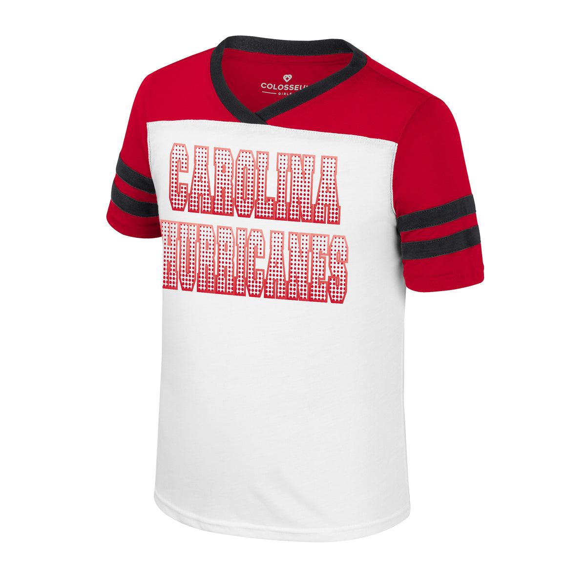 White tee, red shoulders/sleeves, black stripes on sleeves, "CAROLINA HURRICANES" in white/red across front