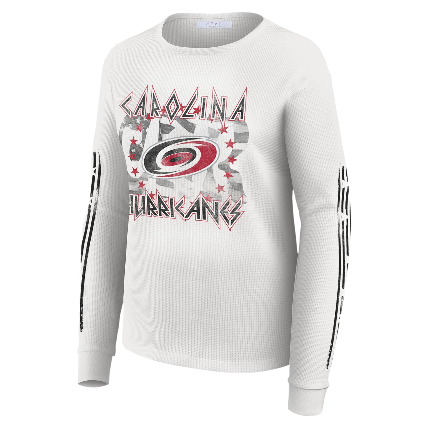 Front: White waffle-texture longsleeve with red/white/black "Carolina Hurricanes" graphic