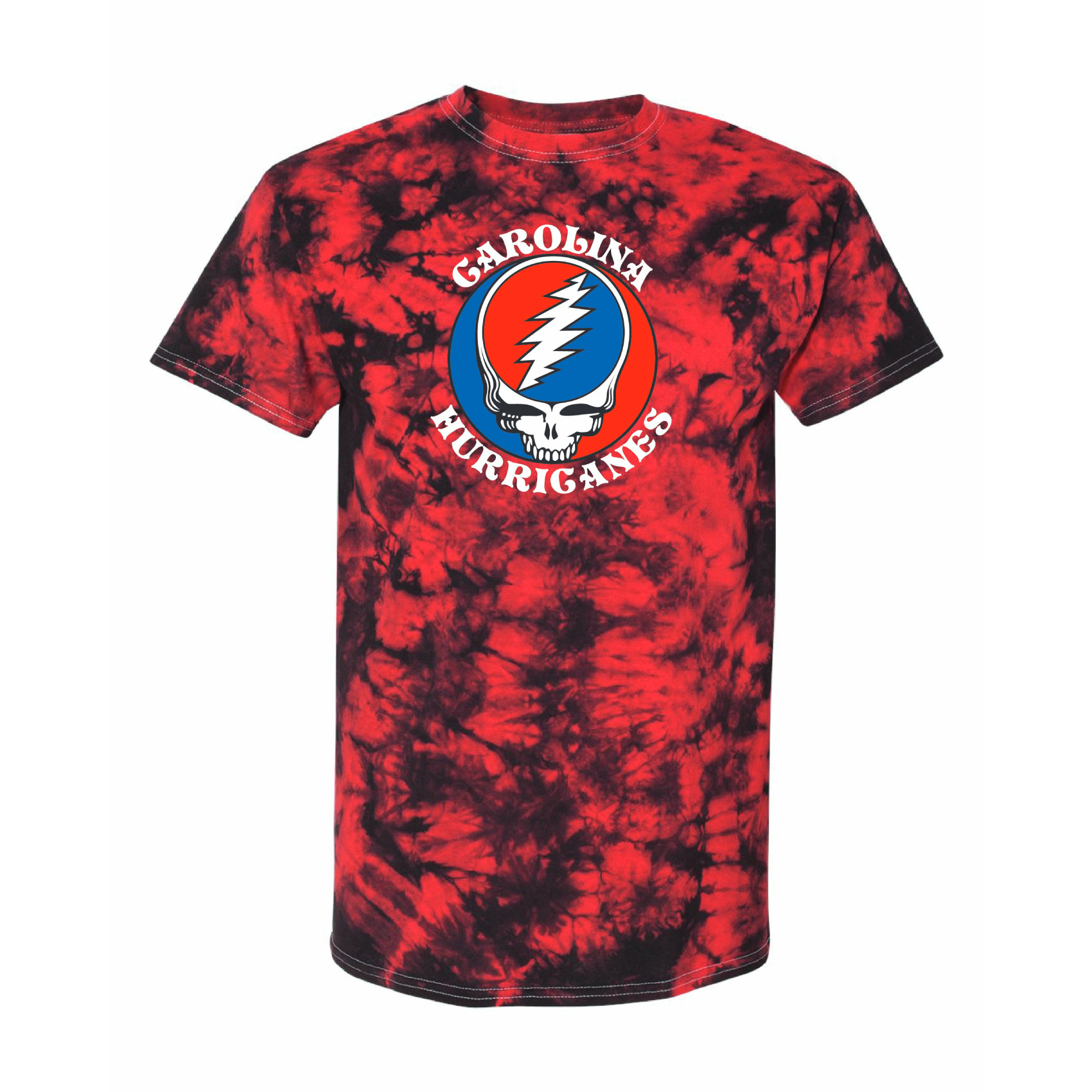 Red/black tie-dye tee, Grateful Dead logo, "CAROLINA HURRICANES" in white around logo