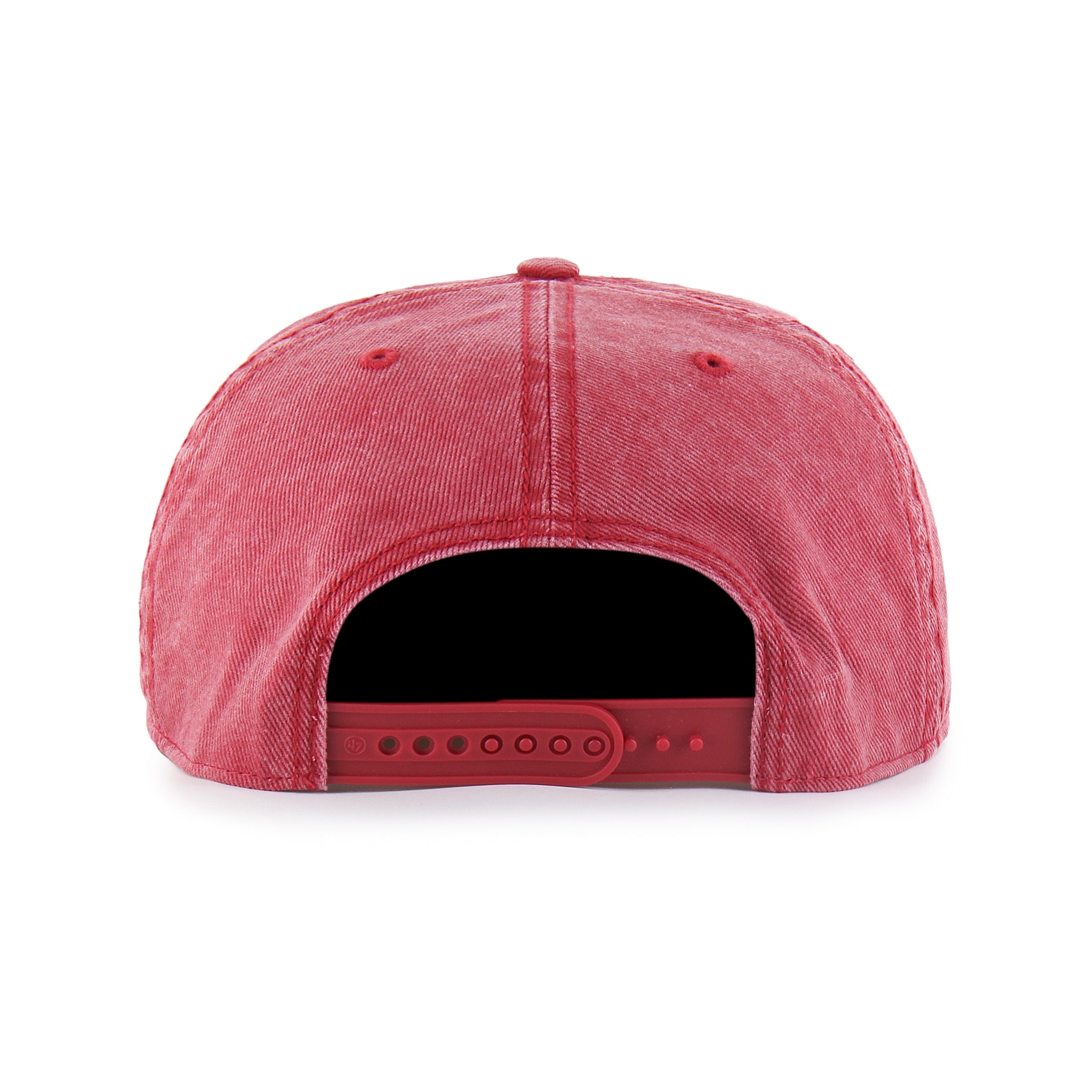 Back: Heathered red hat with red snapback straps