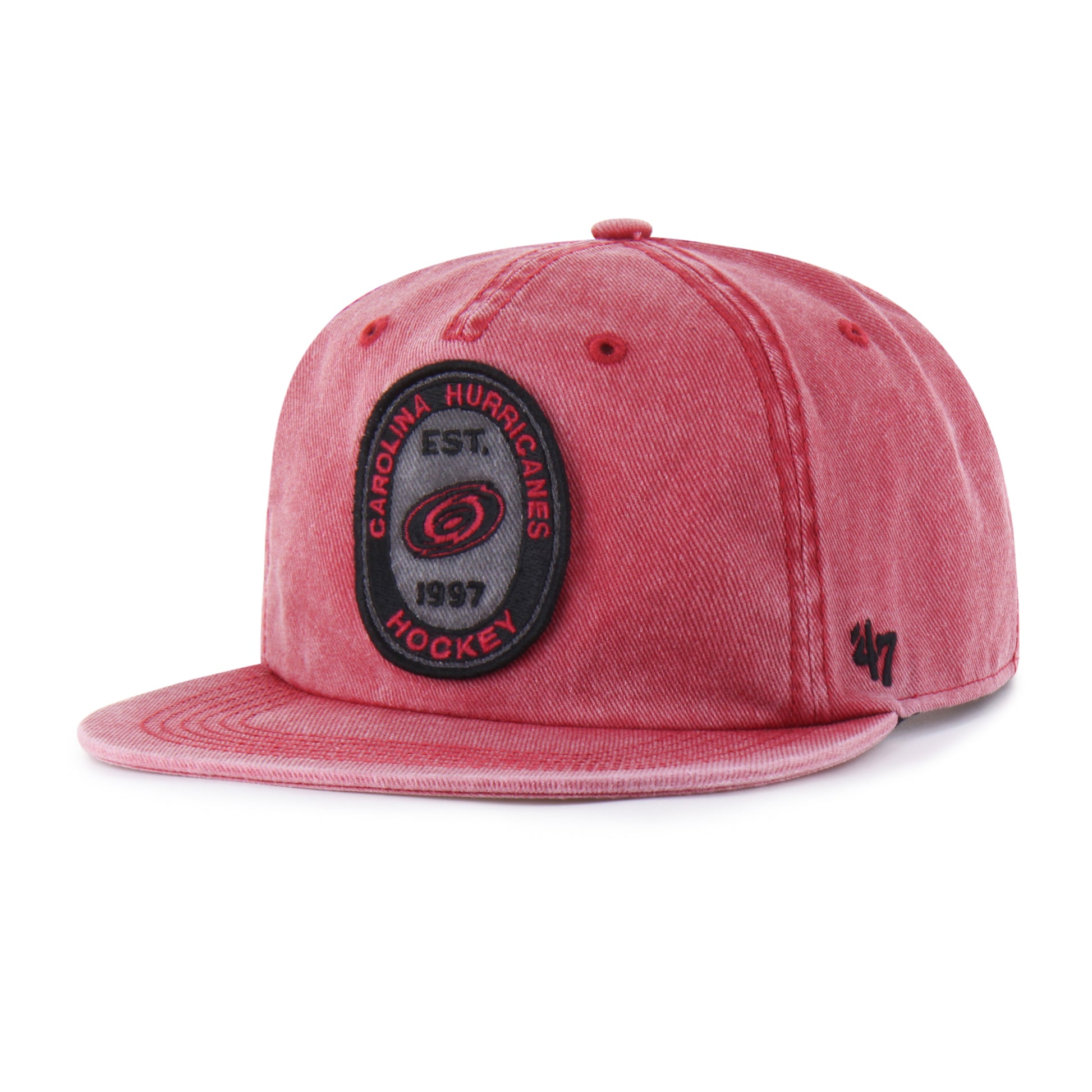 Front: Heather red flatbrim hat, ovular patch on front with Tonal logo