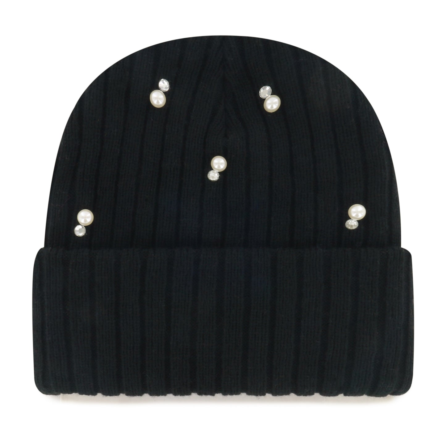 Back: Black cuffed knit, white beads on beanie