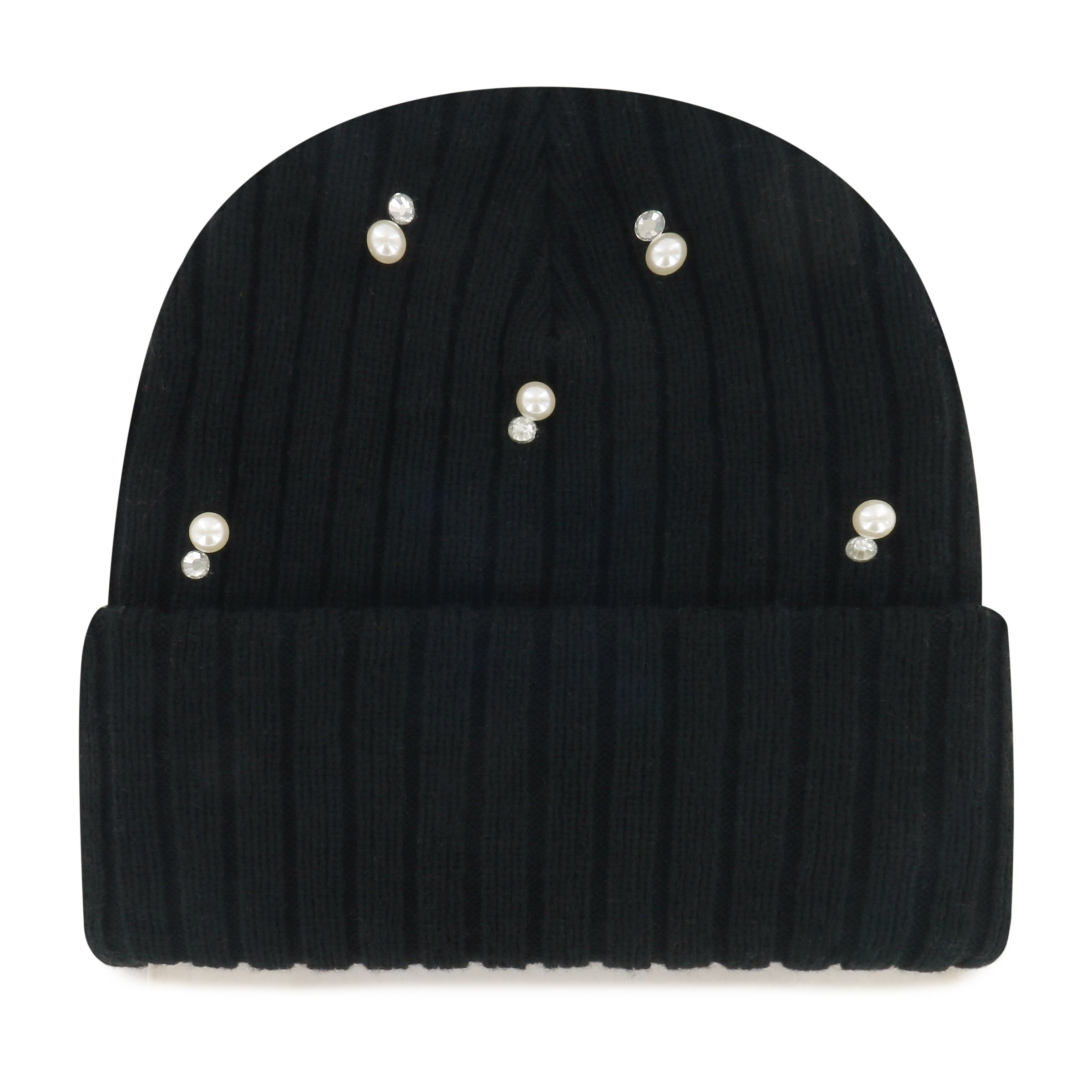 Back: Black cuffed knit, white beads on beanie