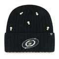 Front: Black cuffed knit, black/white Primary logo on cuff, white beads on beanie