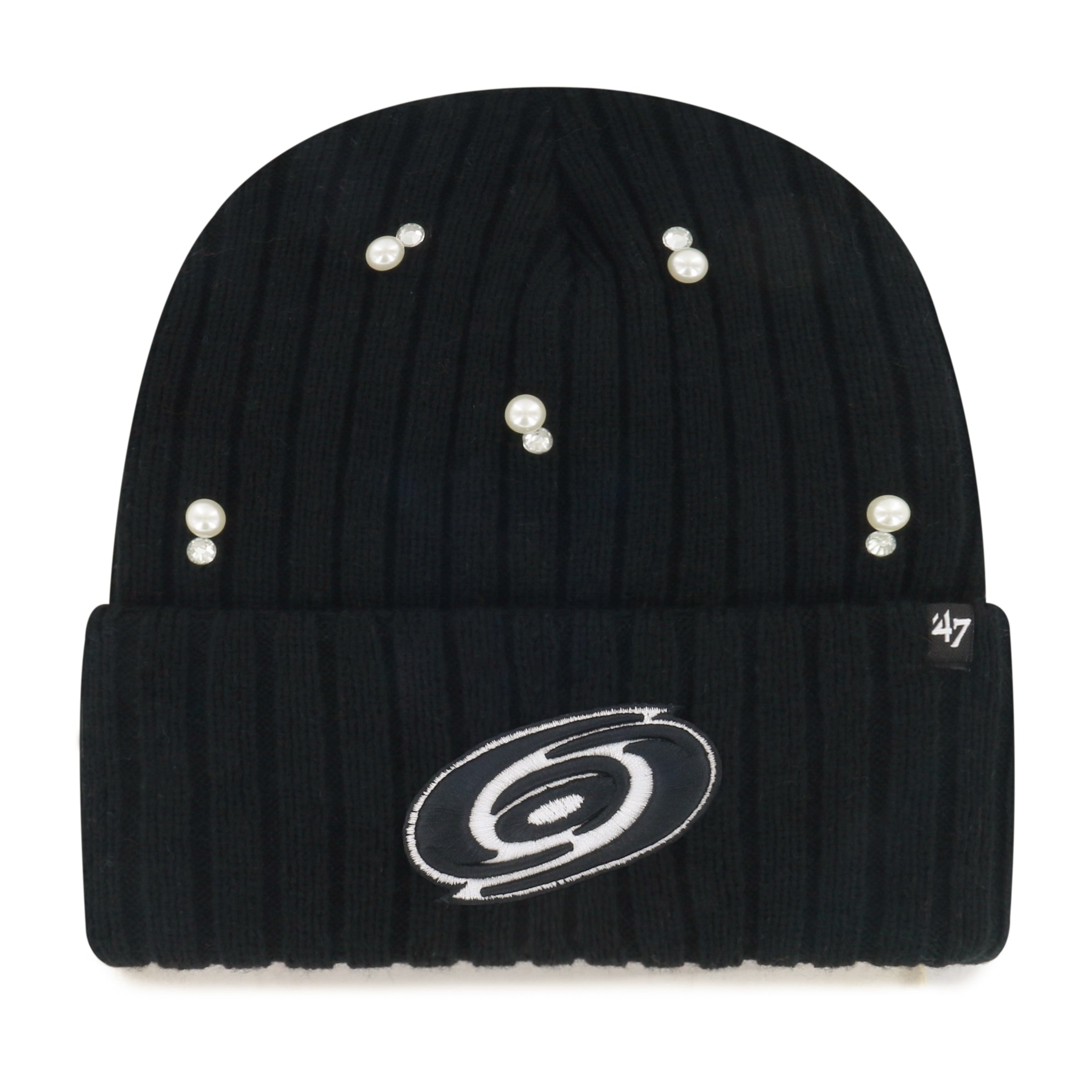 Front: Black cuffed knit, black/white Primary logo on cuff, white beads on beanie