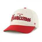 Front: Cream hat with red brim, "CAROLINA" ; "Hurricanes" in cursive in red
