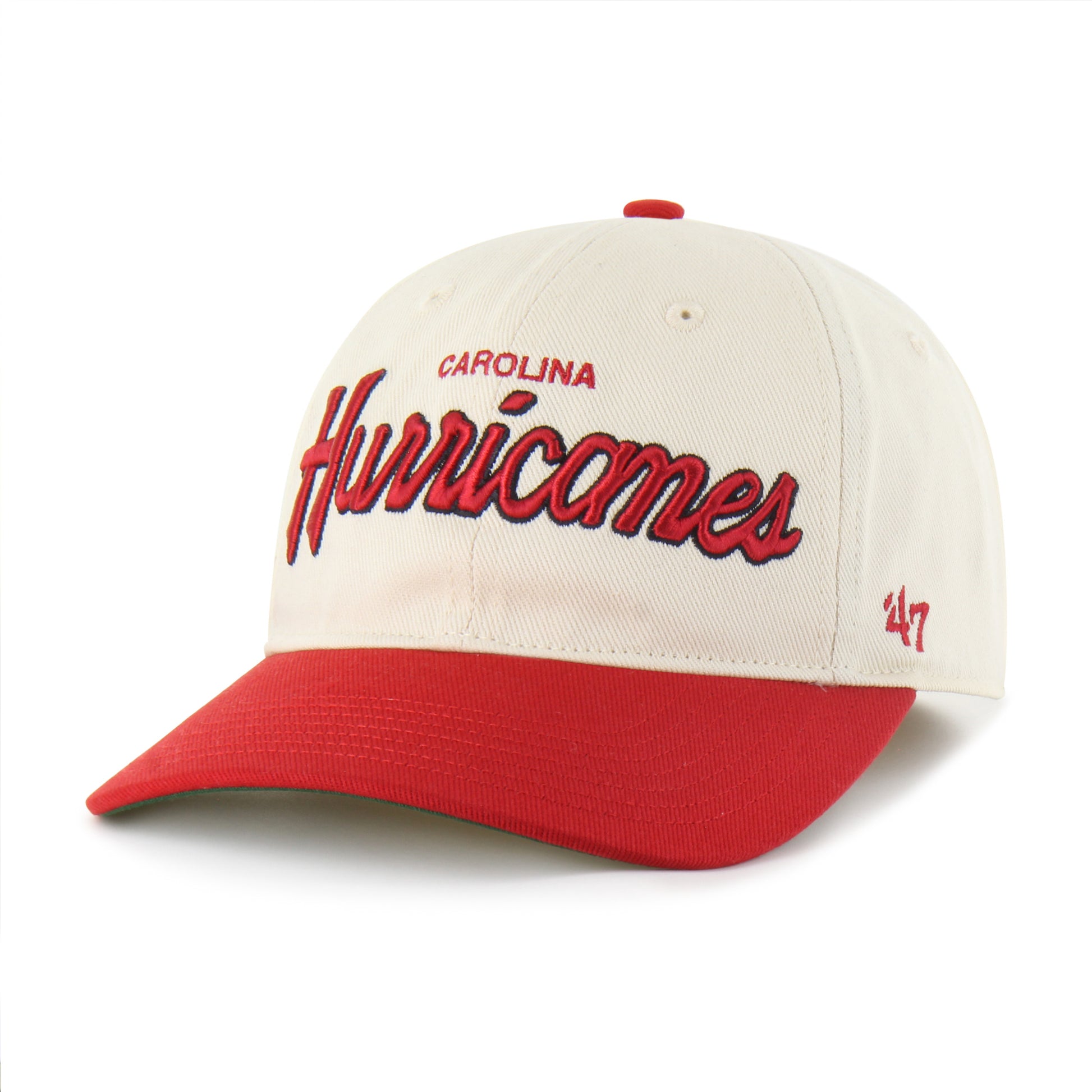 Front: Cream hat with red brim, "CAROLINA" ; "Hurricanes" in cursive in red