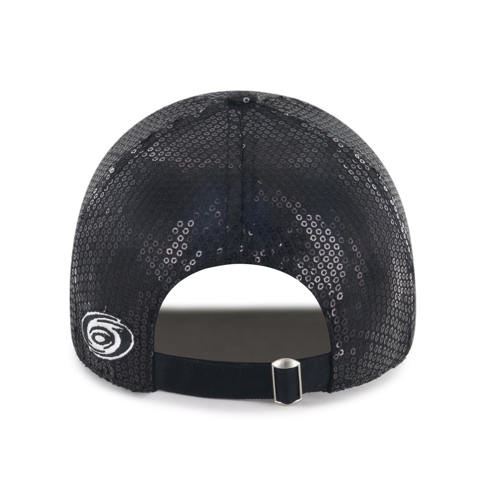 Back: Black sequin hat, black adjustable strap, silver/black Primary logo to left of strap