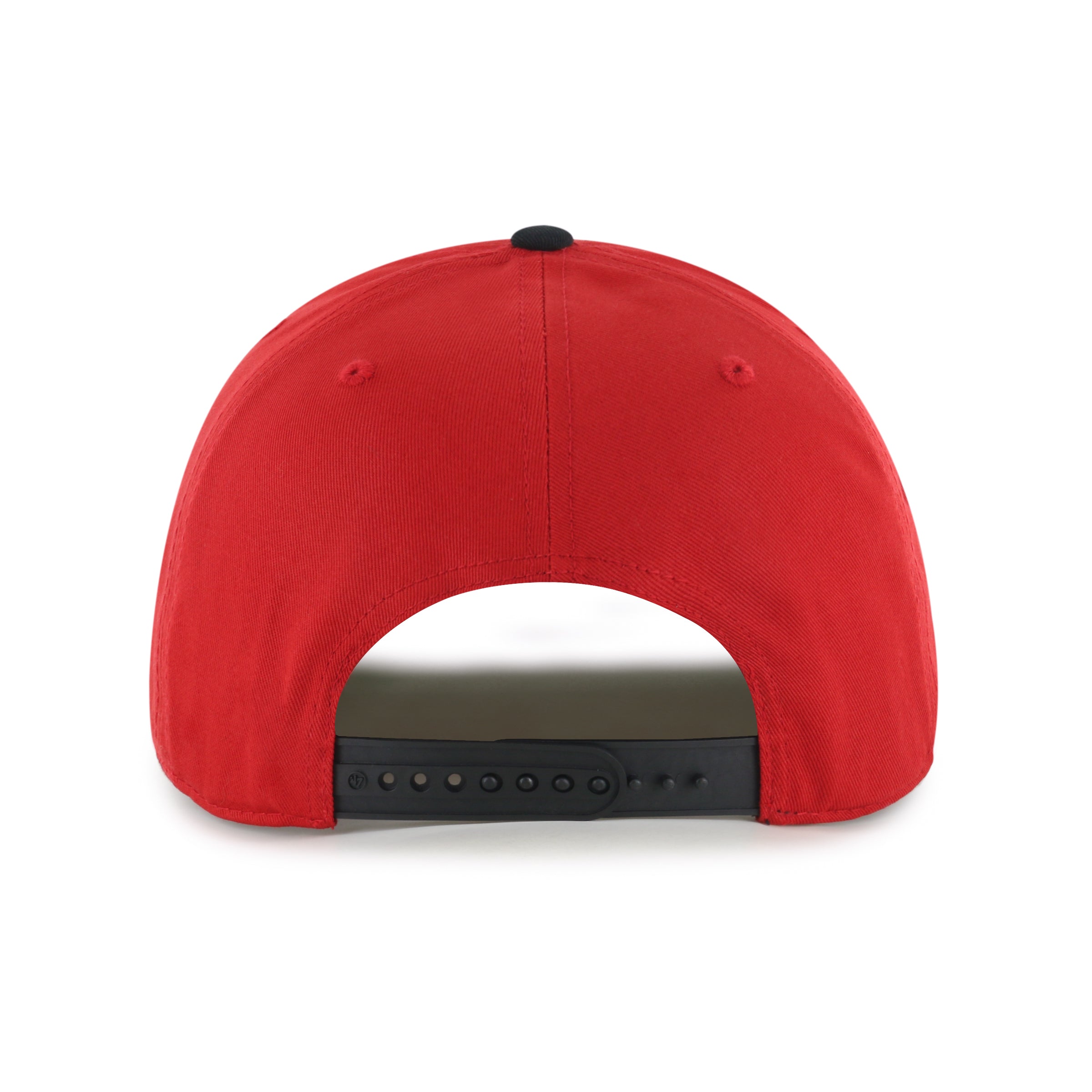 Back: Black snapback straps, black crown, red eyelets