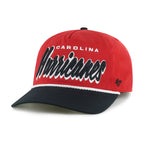 Front: Red hat, black brim with white rope, "CAROLINA HURRICANES" in white/black