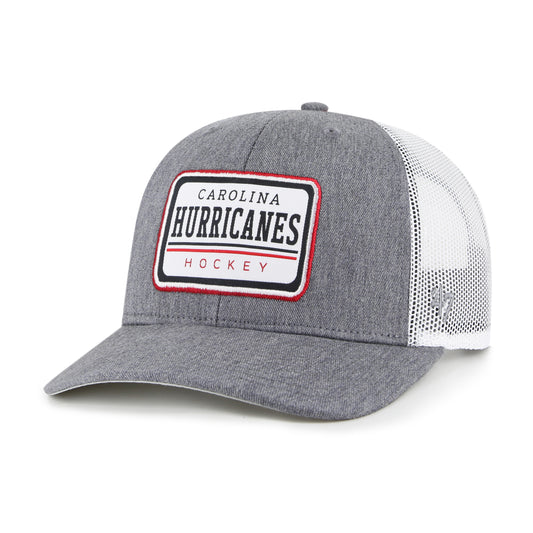 Front: grey trucker hat with mesh back and white carolina hurricanes hockey patch