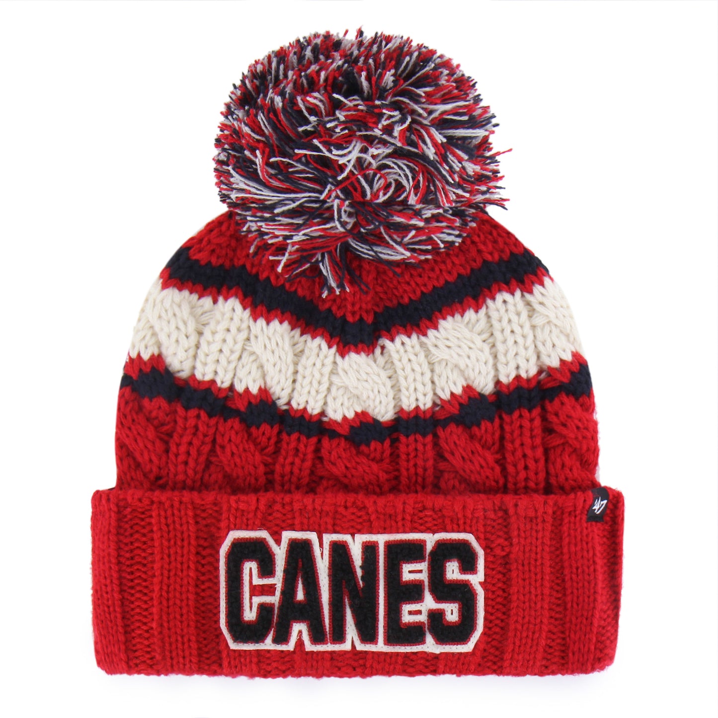 Red cuffed knit with tri-colored pom, black and white stripes on body, "CANES" on cuff
