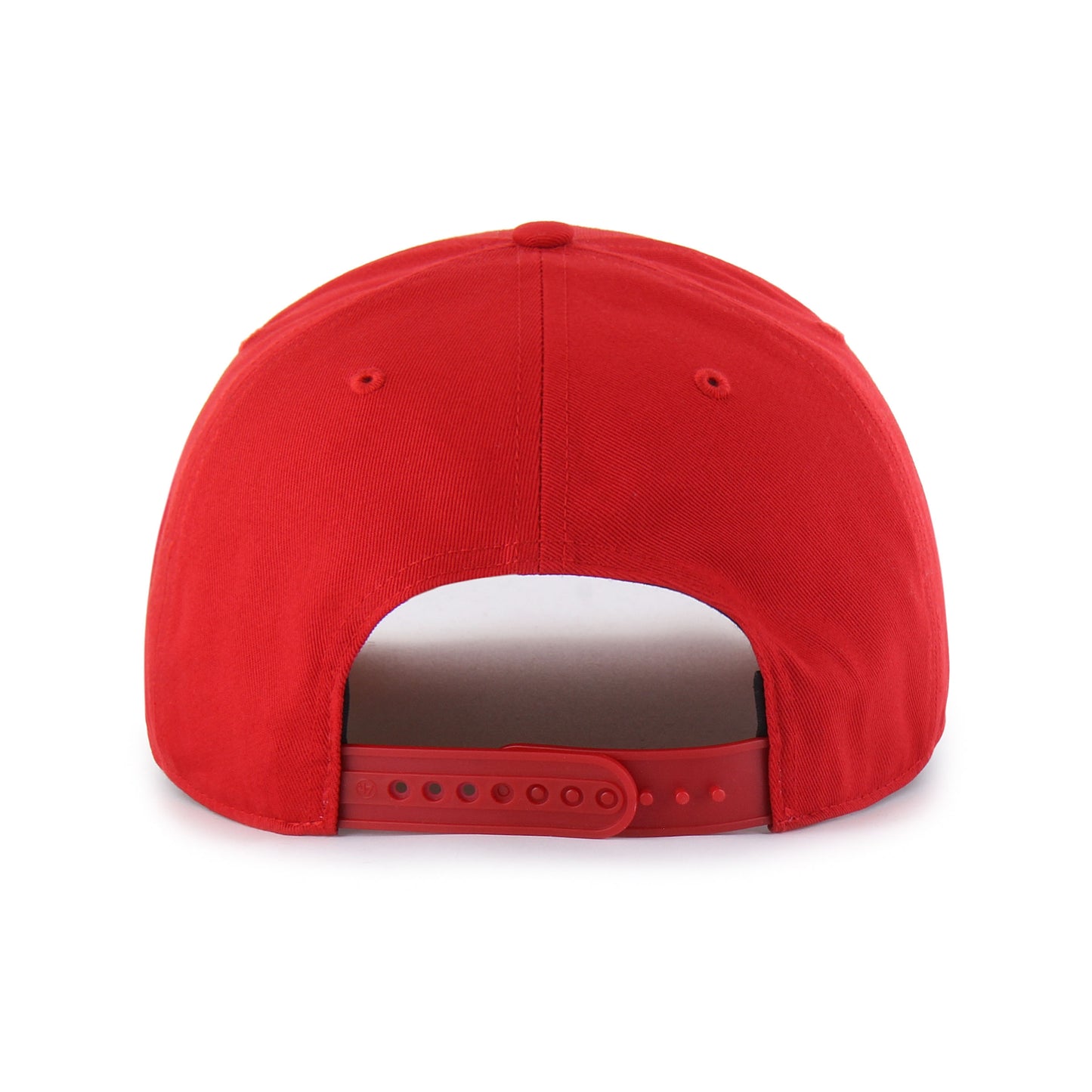 Back: Red hat with red adjustable snapback straps