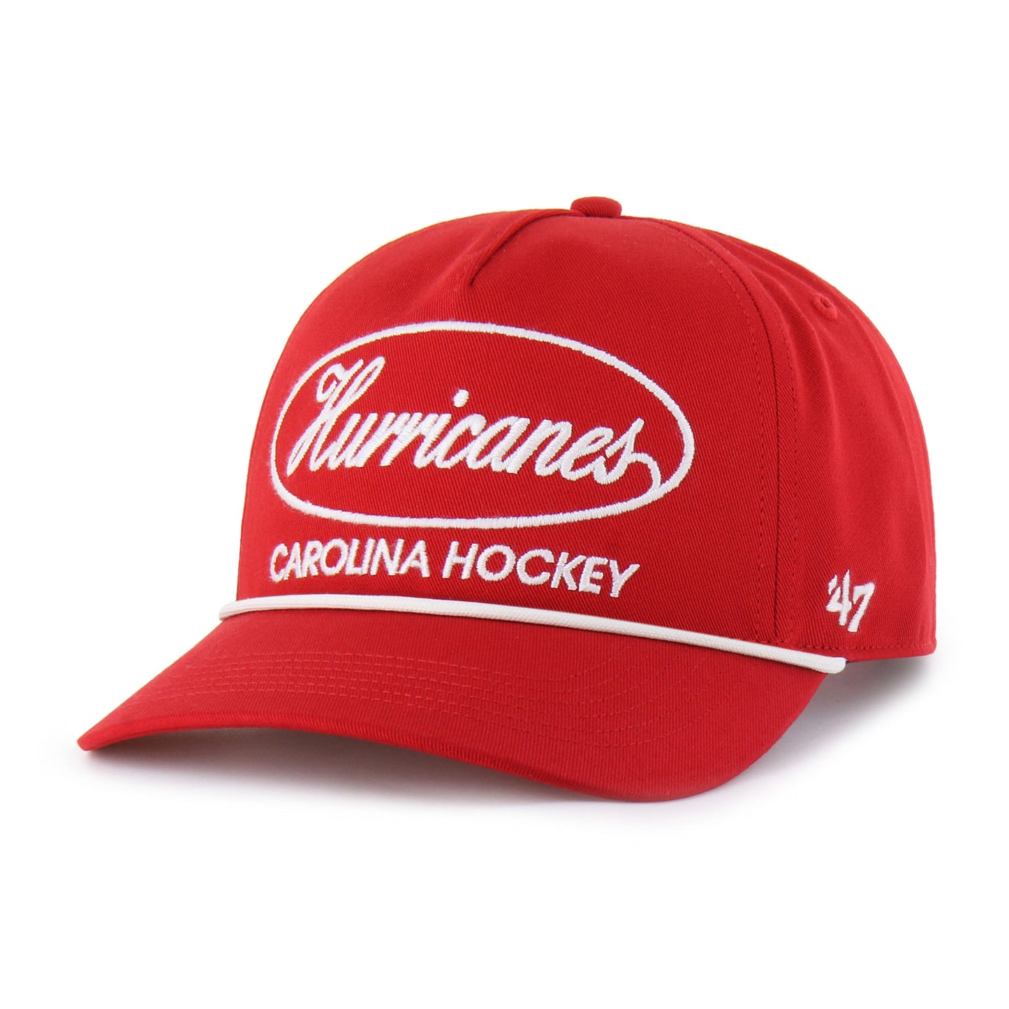 Front: Red hat, white rope on brim, "Hurricanes" circular graphic, "CAROLINA HOCKEY" beneath, all in white