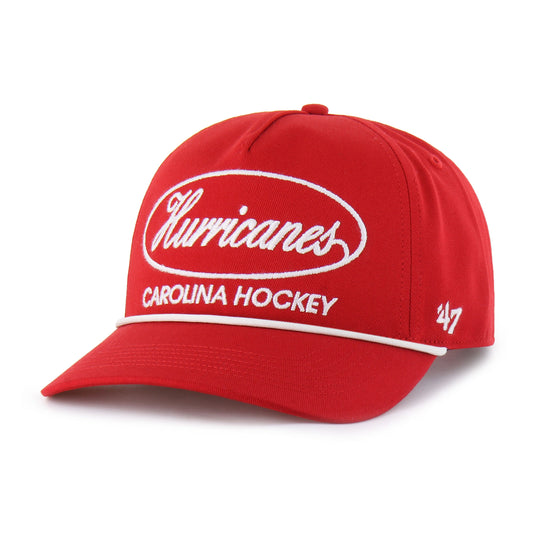 Front: Red hat, white rope on brim, "Hurricanes" circular graphic, "CAROLINA HOCKEY" beneath, all in white