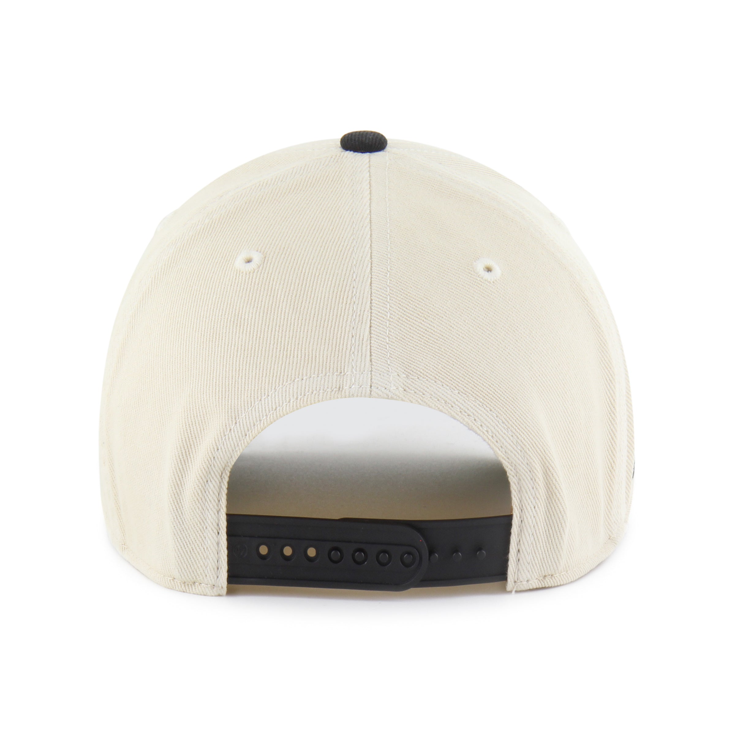 Back: Cream hat, black crown, black snapback straps