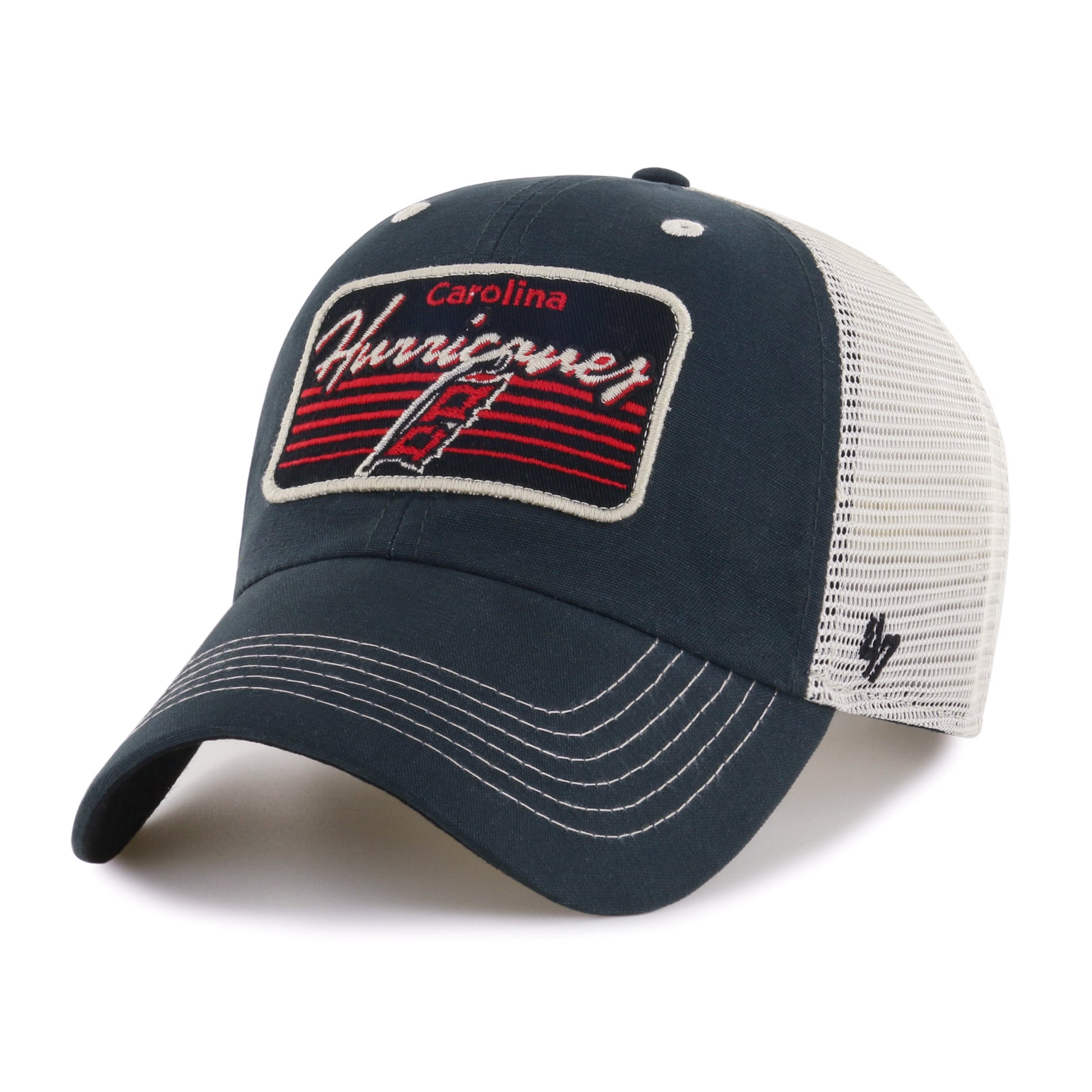 Front: Dark Gray Trucker hat with black Carolina Hurricanes patch and cream meshback