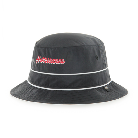 Front: Black bucket hat with white stripes and Hurricanes script in red