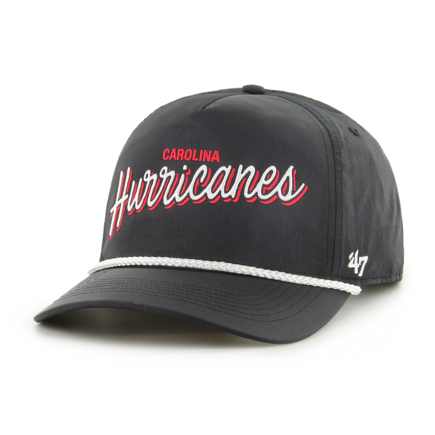 Front: Black baseball cap with white rope and Carolina in red print and Hurricanes in larger font script