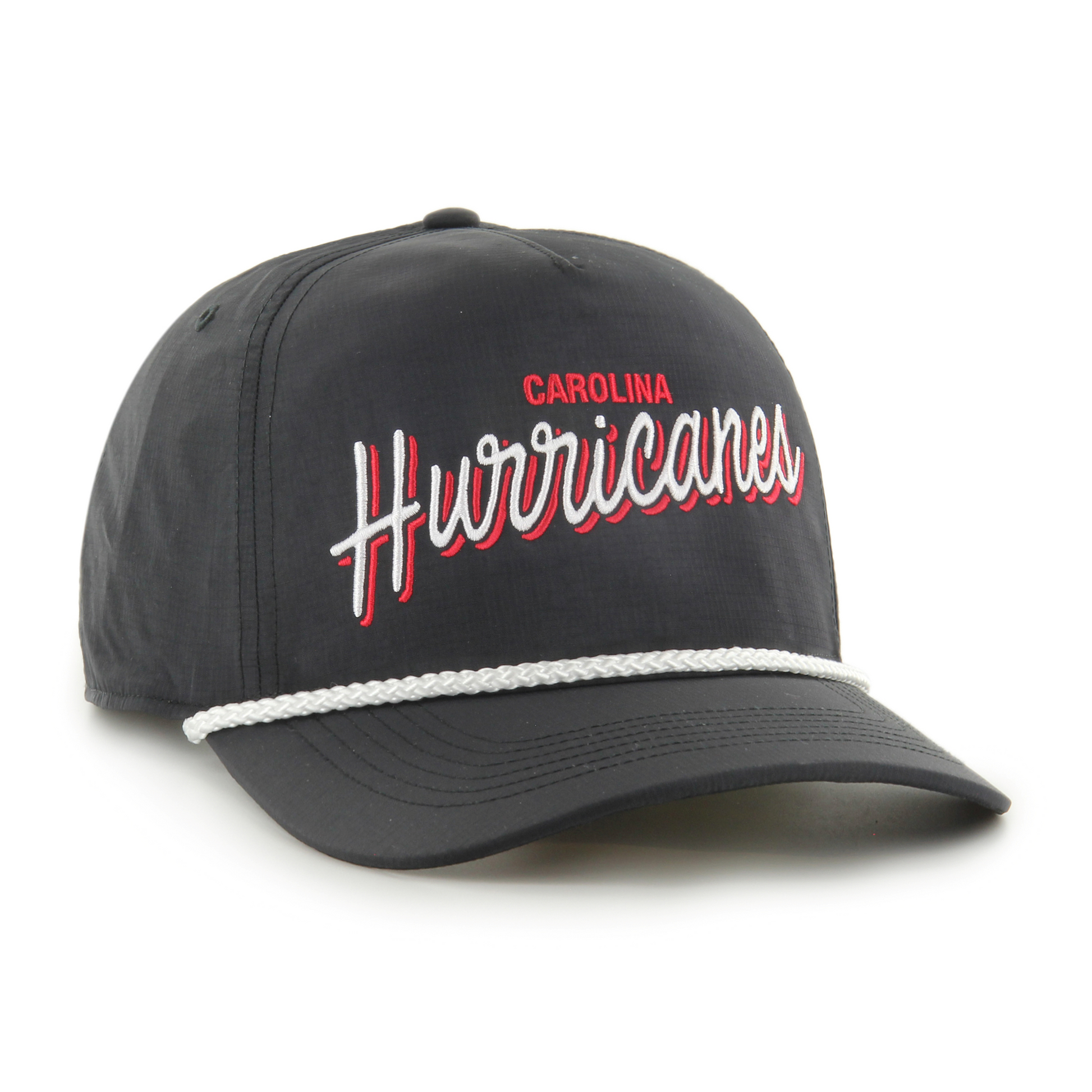 Front: Black Baseball cap with white rope carolina in red print and hurricanes in a larger font script white