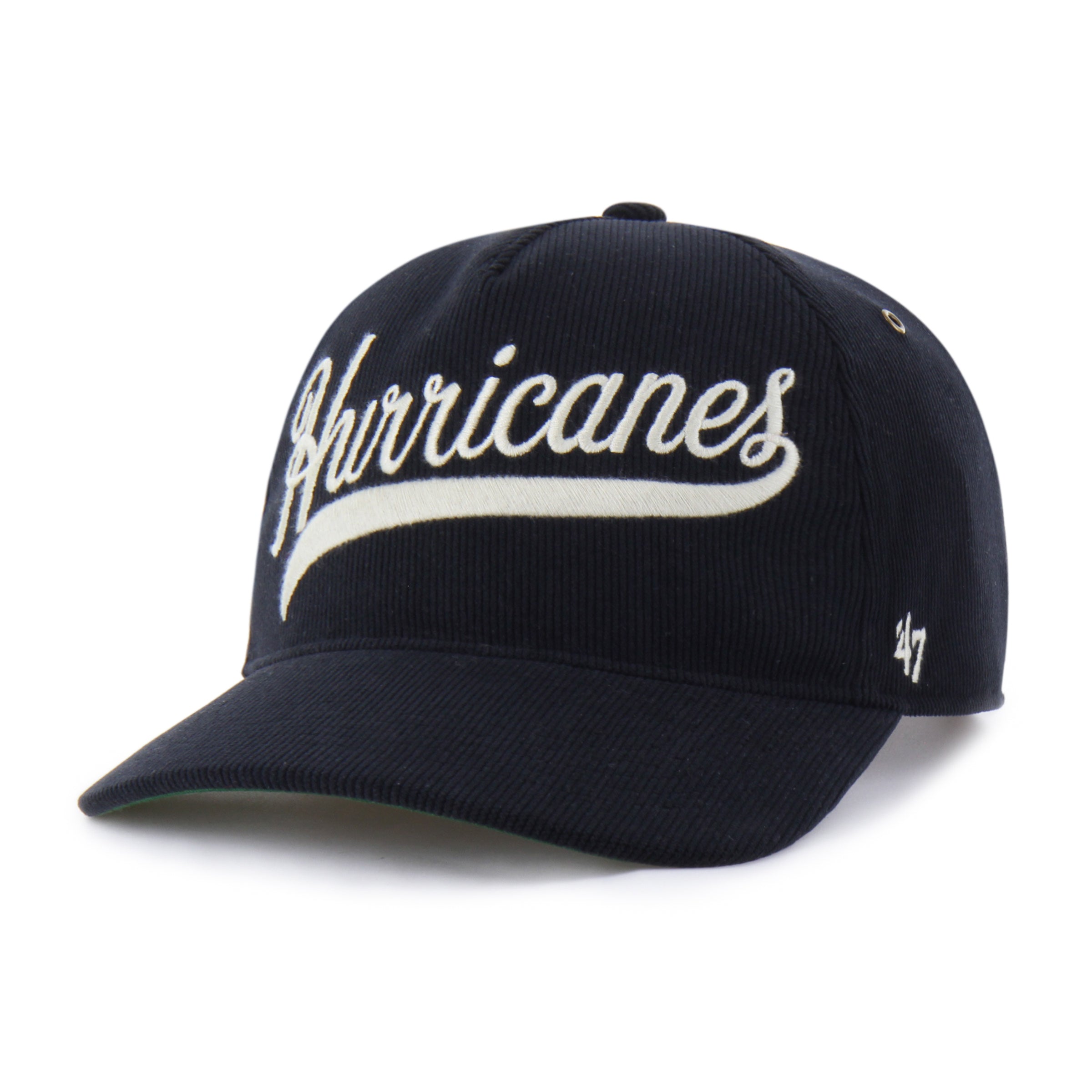 Front: Black hat, "Hurricanes" in script in white on front, 47 logo on left