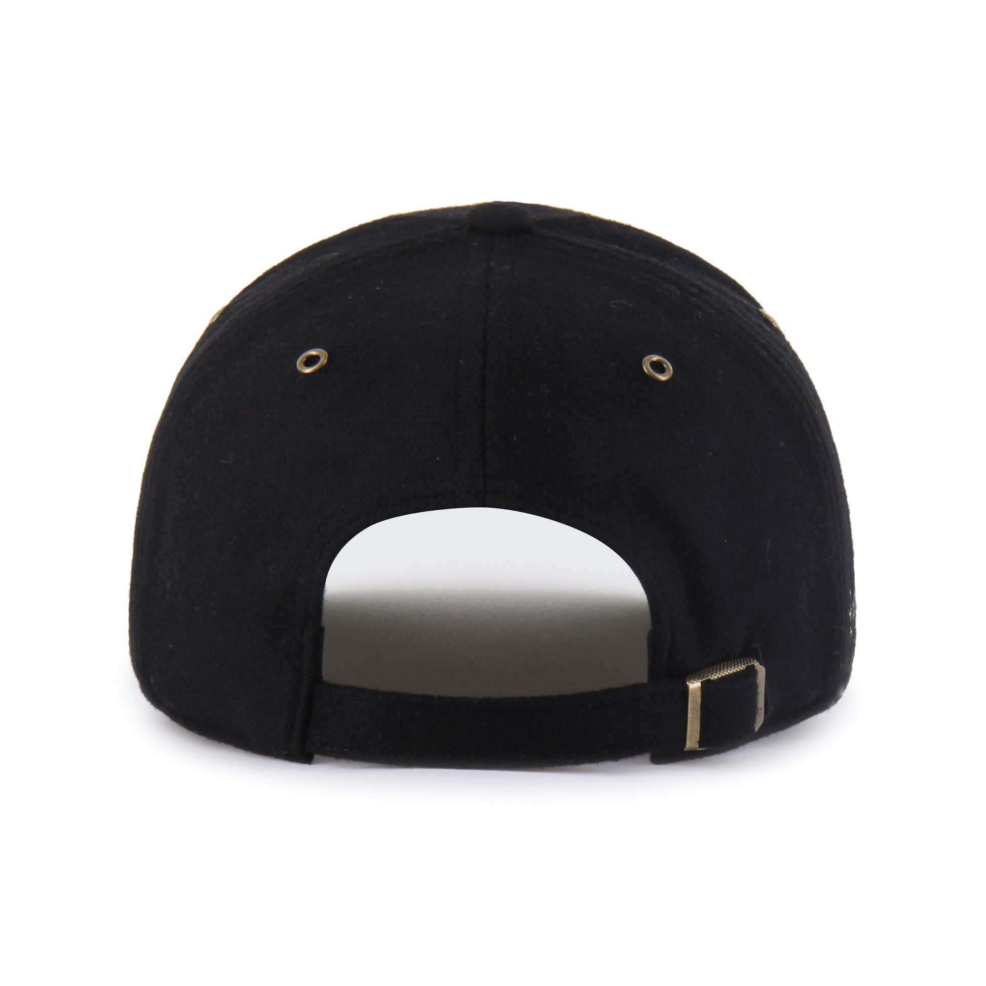 Back: Black hat, black adjustable strap with metal clasp