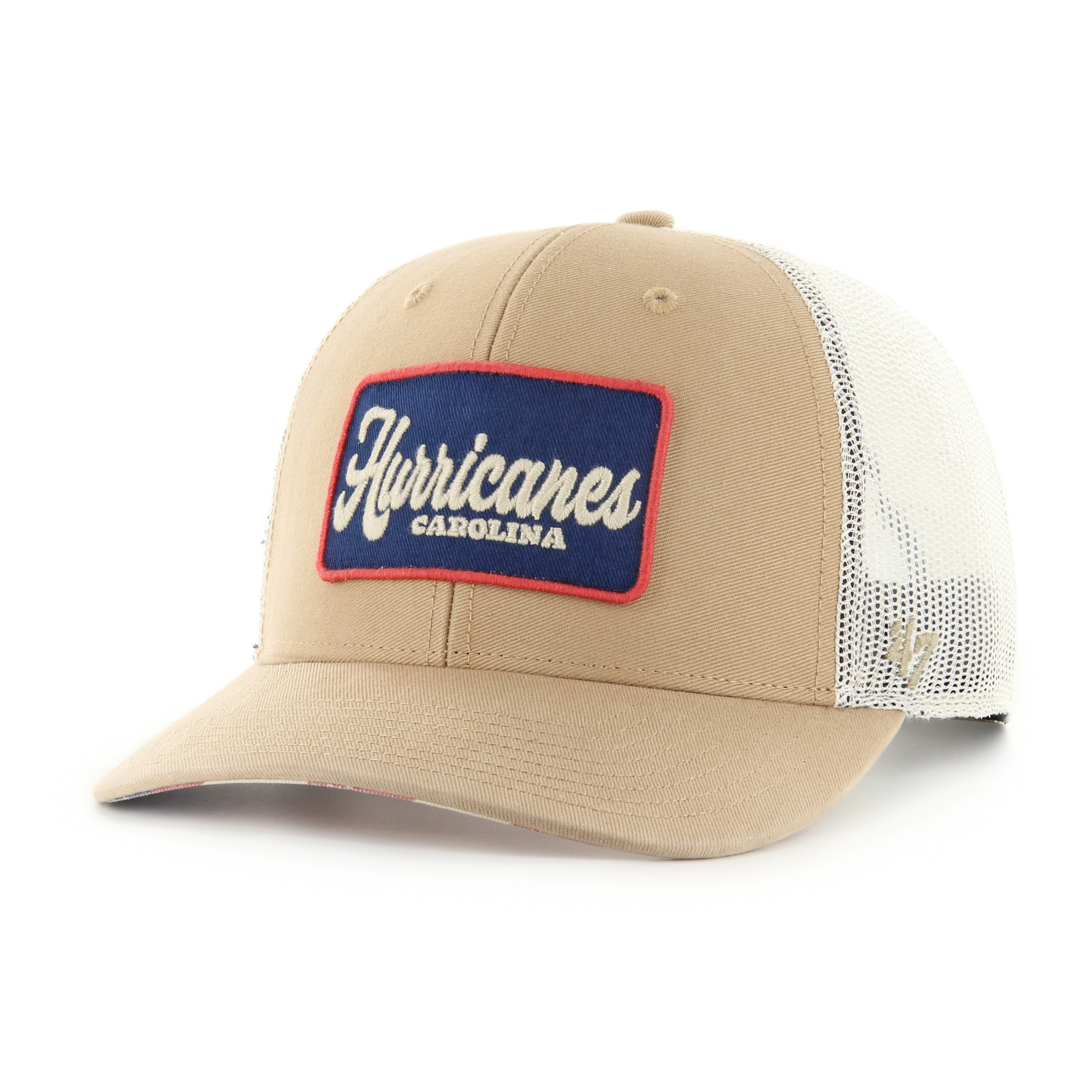 Front: Baseball cap trucker tan with white mesh Hurricanes Carolina patch with blue backing and red trim