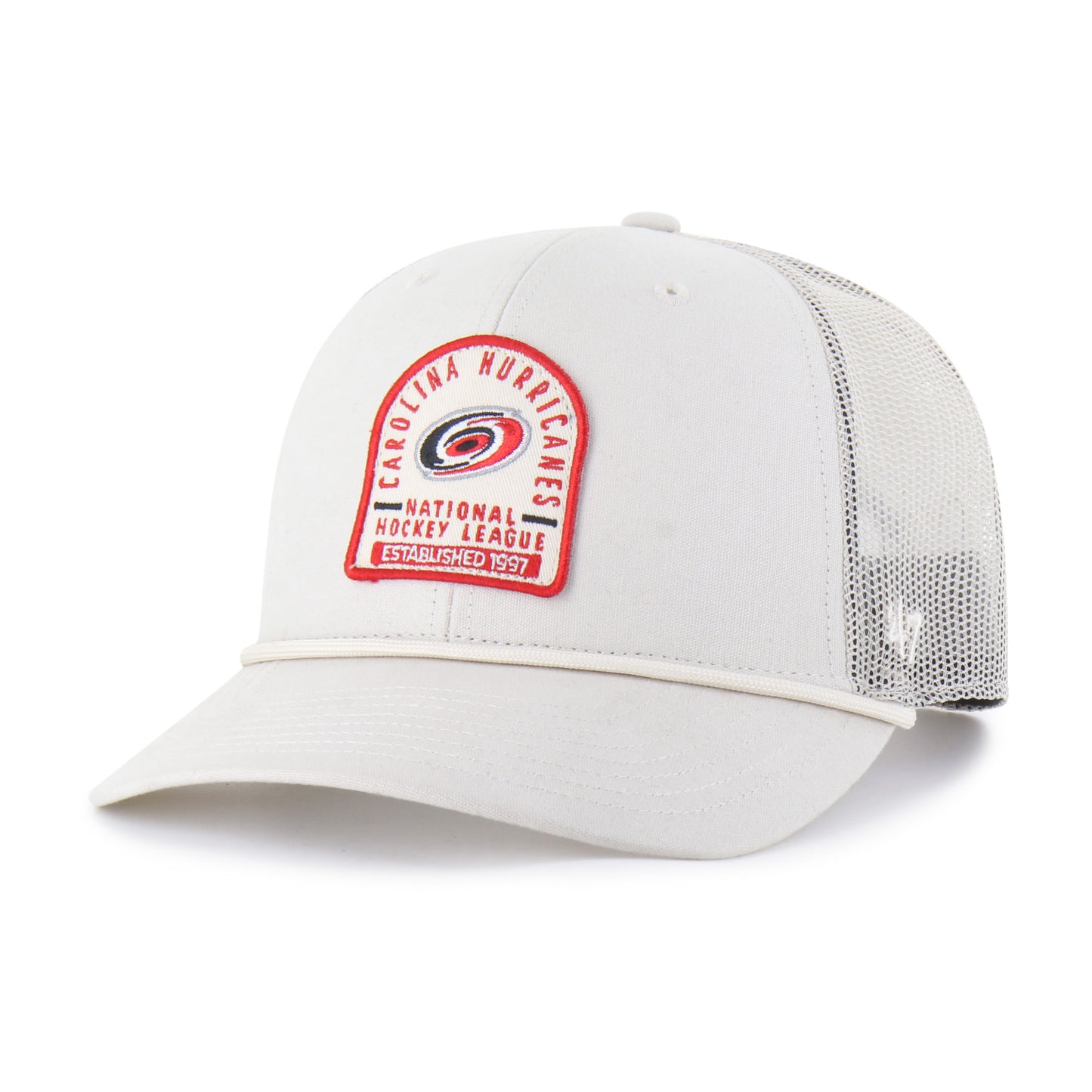 Front: Tan hat with white rope on brim, white/red tombstone-shaped patch on front