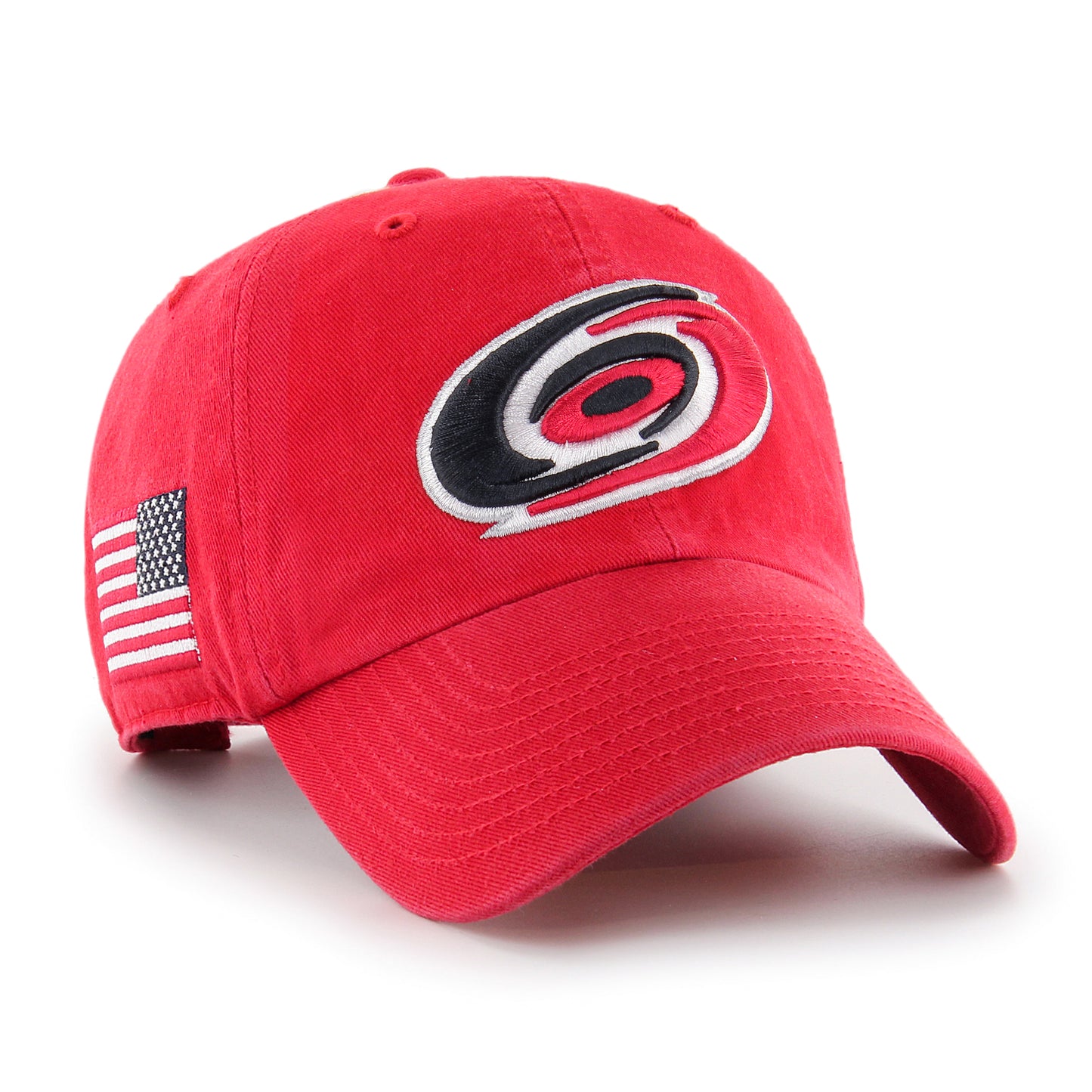 Front view red hat American flag on side primary hurricanes logo on front.