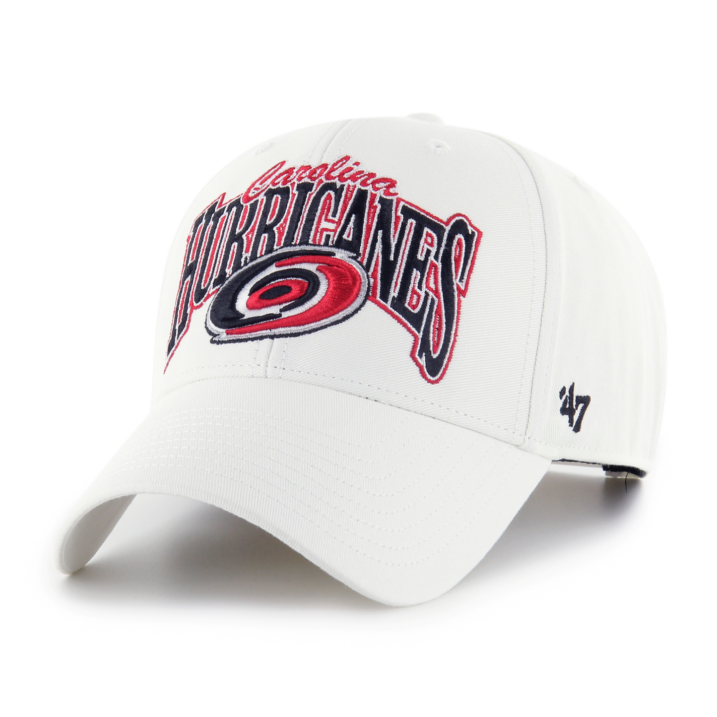Front: White baseball cap with large Carolina Hurricanes and Primary logo stitching