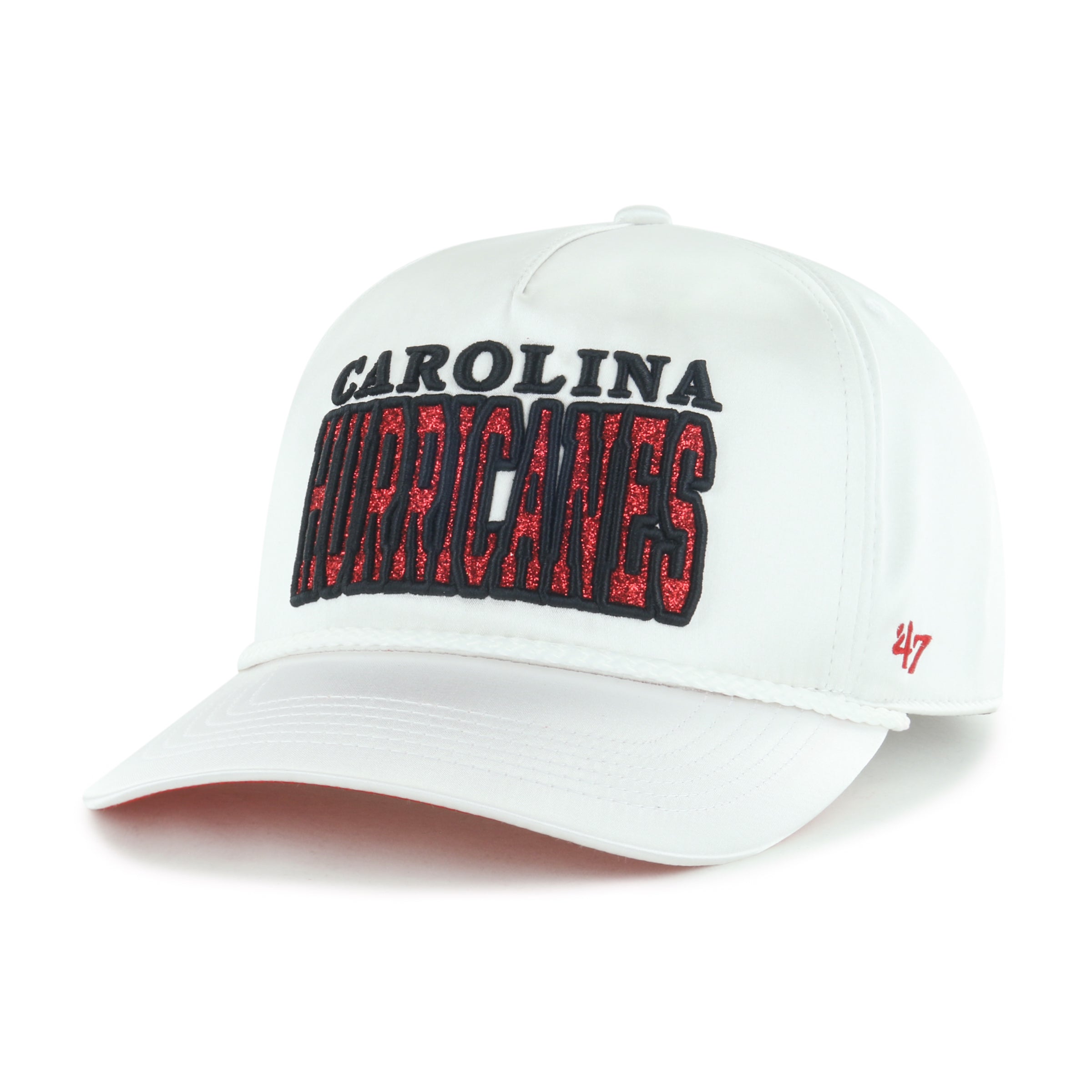 Front: White hat with rope on brim, "Carolina" in black, "HURRICANES" in red and black