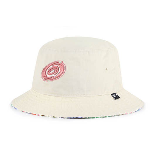 Front: White bucket hat with pink hurricanes primary logo and floral trim on brim